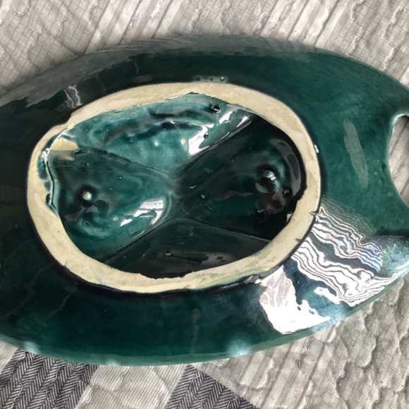 VINTAGE LARGE SIZE OVAL GLAZED POTTERY DIVIDED SERVING DISH WITH HANDLES - Picture 5 of 8